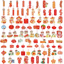 mortd 90Pcs Chinese New Year Hanging Ornaments, Year of Snake 2025 Hanging Decorations, Mini Chinese Paper Lucky Character Ornament with Strings Hanging Pendants for Spring Festival Home Tree Decor