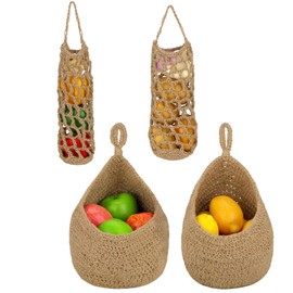 4 Pcs Hanging Fruit Baskets for Kitchen Boho Jute Hanging Wall Basket Handwoven Kitchen Wall Fruit Vegetable Storage Baskets Jute Rope Woven Decorative Hanging Holder for Potato Garlic Onion