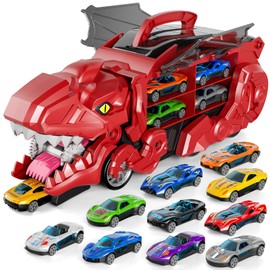 Toddler Car Toy for 3-6 Years Boys - 10 Diecast Cars, Dinosaur Transporter Truck, Transforms into Dino