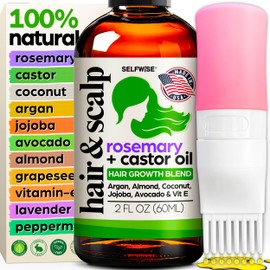 Organic Rosemary Oil For Hair Growth + Applicator with Castor, Argan, Coconut, Almond, Jojoba, Avocado, Vitamin E & Peppermint for Hair & Scalp Treatment, All Hair Types, Men & Women 2oz