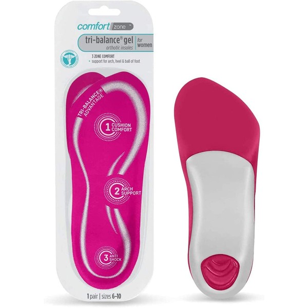 Comfort Zone Tri-Balance Gel Orthotic Insoles for Women, for Sizes 6-10, 1 Pair