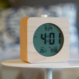 Table Clock, Alarm Clock, Digital Clock, Wooden, Natural Calendar, Temperature Display, Cute, Round, Square, Bedside, Bedroom, Quiet (Square)