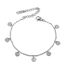 Kim Johanson Stainless Steel Women's Anklet with 7 Small Plates, Silver Coins Ankle Bracelet, Boho Jewellery, Adjustable with Jewellery Bag, Stainless Steel