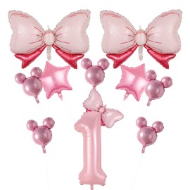Generic 11 Pcs Mouse Theme Balloons, Large Size Bow Party Supplies, Pink Mouse Birthday Number Mylar Foil Balloons for Mouse Theme Baby Shower 1st Birthday Party Decorations (1st)
