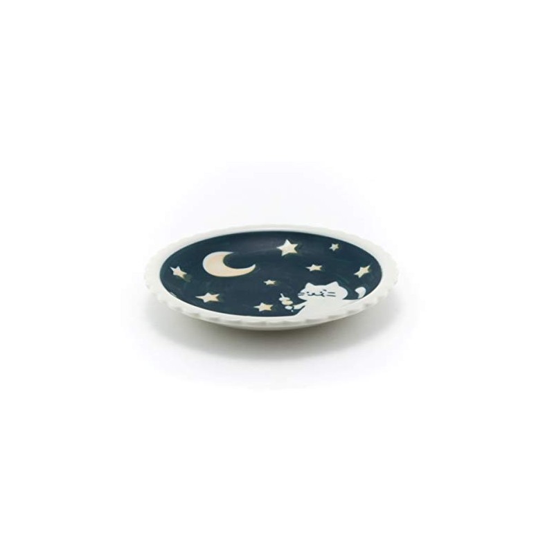 Needzo Japanese Blue Lucky Cat and Moon Design Plate, 5
