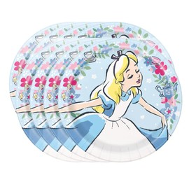 Unique Alice in Wonderland Party Supplies Bundle Set includes Lunch Dinner Paper Plates - 24 Count and 1 Esave Dinosaur Sticker Sheet