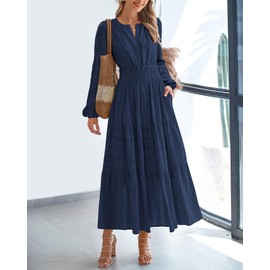 BTFBM Fall Dresses for Women 2025 Casual Long Sleeve V Neck Elastic Waist Lightweight Maxi Wedding Guest Dress Pockets(Navy, Medium)