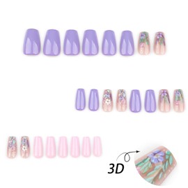 3D Flowers Press on Nails Short Coffin Fake Nails - Purple & Pink Full Cover Acrylic Nails Glossy Full Cover Nails Press ons Summer Stick on Nails for Women 24 Pcs
