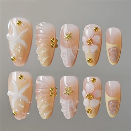 24Pcs Medium Almond Press on Nails Summer Beach Fake Nails with 3D Flower Starfish Rhinestones Glitter Design Full Cover Nude Cute Stick on Nails Yellow French Tip False Nails for Women Acrylic Nail