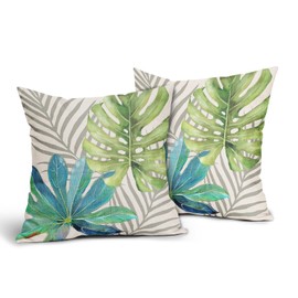 Teal Green Gray Tropical Leaves Pillow Covers 20X20 Inch Monstera Palm Leaf Plants Decorative Cotton Linen Summer Botanical Pillow Cases Set of 2 Farmhouse Home Decor For Sofa Couch Cushion Outdoor