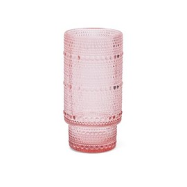 Core Home Embossed Kitchen 16 Ounce Glass Drinkware Beverage Glass Tumbler, Pink, Dotted Vintage Design