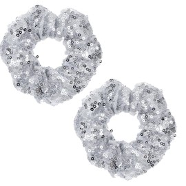 Silver Sequins Scrunchies 2 Pieces Sparkly Metallic Silver Hair Accessories Bridesmaid Proposal Gifts Hair Ties Ponytail Holders for 70s 80s Gym Dance Cheerleading Softball Volleyball Baseball Team