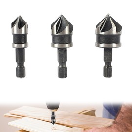 3-Piece 1/4" Hex Shank Countersink Drill Bit Set, 5-Flute 90° Chamfer Bits (12mm/16mm/19mm) for Woodworking & Metal, High-Speed Steel HSS