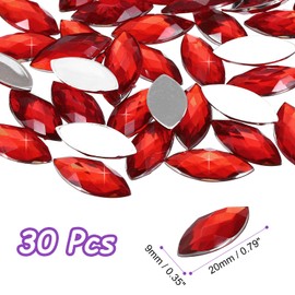 sourcing map 30 Pcs Acrylic Horse Eye Gems, Red Rhinestones 20x9mm Flat Back Gems Flat Back Crystal Rhinestones Bulk Gems for Crafting Rhinestones for Clothes Crafting Bedazzling Nails