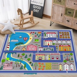 Pyrrhite Kids Carpet 70×47 in, Car Rug for Kids Cars, Non-Slip Town City Road Map Kids Rug for Playroom Bedroom Boys, Kids Car Mat Road Rug, Track Carpet Rug Car Play Rug for Kids (70×47 INCH-Blue)