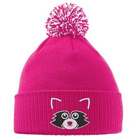 Hippowarehouse Cute Raccoon Face Embroidered Beanie Hat with Bobble Fuchsia