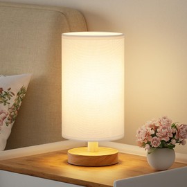Fenmzee Small Table Lamp for Bedroom - Inline Control, Bedside Lamp with 3000K A15 LED Blub, Easy Assembly (White Shade - Wood Base, 9" Inline Control)