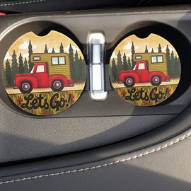 Needzo Let's Go Camping Car Cup Holder Coasters, Absorbent Stone Drink Accessory, Basket Stuffers Coaster Set of 2