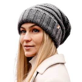 TOP-EX M/L/XL 100% Wool Slouch Beanie Women's Warm Winter Hat Knitted Hat with Fleece Lining, 95571_Dark Grey