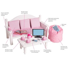 Playtime by Eimmie 18 Inch Doll Furniture Couch & Coffee Table Set – White, Wooden Playset with Living Room Accessories, Fits American, Generation, My Life & Similar 14”-18” Dolls