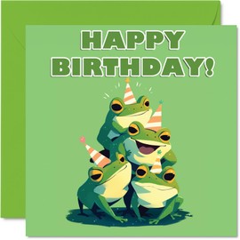 Animal Birthday Cards for Her Him - Party Animals Frog Pyramid - Happy Birthday Card for Mom Dad Brother Sister Aunt Uncle Cousin Friend Family Colleague 5.7 x 5.7 Inch Bday Greeting Cards