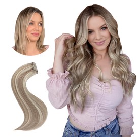 Hyssiet Invisible Clip in Real Human Hair Extensions,18 Inch 85 Gram Ash Brown Highlights Platinum Blonde Remy 7 Pieces With 16 Clips Thick Straight Clip Hair,No Slip No Shedding