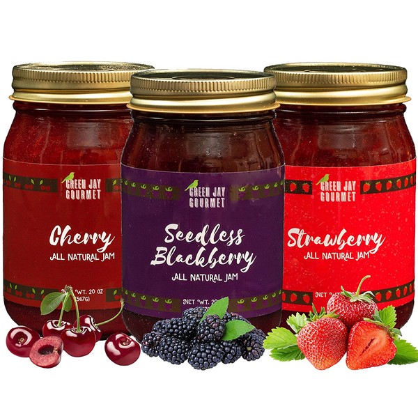Green Jay Gourmet Classic Jam Collection - Cherry, Blackberry, & Strawberry Jam - All-Natural Fruit Jam Bundle - Vegan, Gluten-free Jam - No Preservatives or Corn Syrup - Made in USA - 3 x 20 Ounces