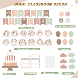 Nezyo 80 Pcs Boho Happy Birthday Bulletin Board Set, Rainbow Birthday Chart for Classroom Decorations Rainbow Calendar Wall Cutouts for School Bulletin Board Decoration(Boho Green Brown Color)