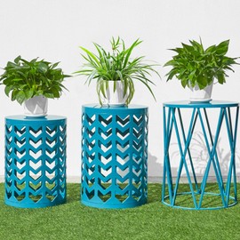 Nesting Side Table Set of 3 Decorative Round Garden Stools for Indoor Outdoor Heavy Duty Metal Frame Side Table Nightstands Modern End Table Plant Stand, Blue