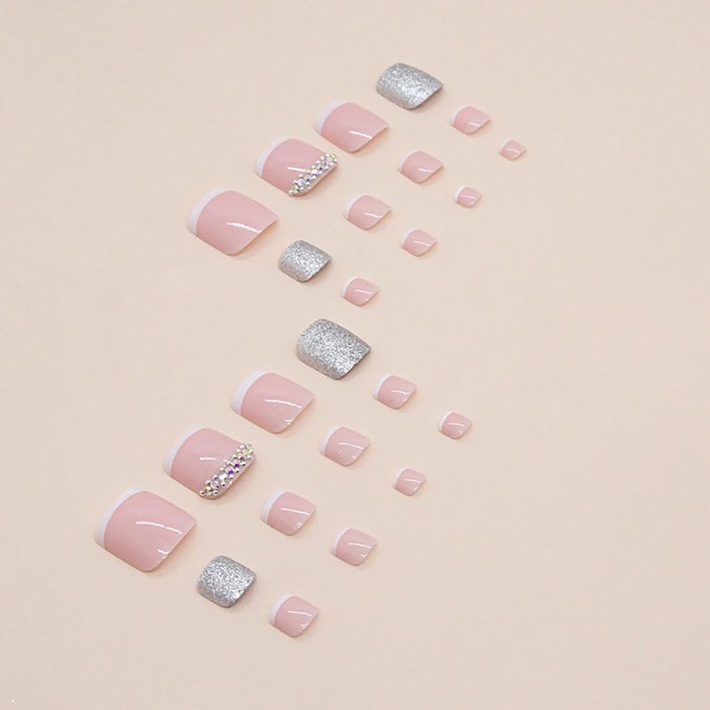 Cubahop 24 Pieces French Square Fake Toenails Nude Rhinestone False