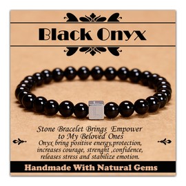 CHCCOYE 6mm Black Onyx - Stone of Positive Energy - Handmade Initial Letter Stretch Elastic Bracelet for Healing Power Energy Adult Unisex (6mm, L)
