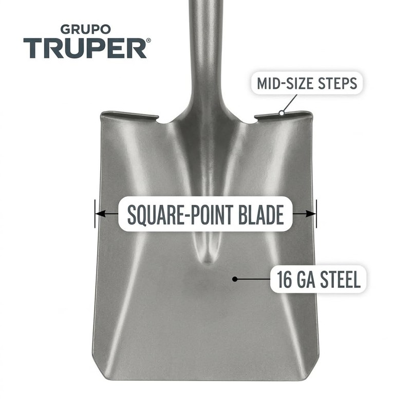 Truper Square-Point Shovel, Mid-Size Steps, 48-Inch Wood Handle with 6-Inch