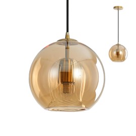 XIRYTU-H Modern Amber Glass Globe Pendant Light with Gold Socket, E26 Industrial Hanging Lamp, Kitchen Island Ceiling Light for Dining Rooms, Living Rooms, Staircases (9.8'')
