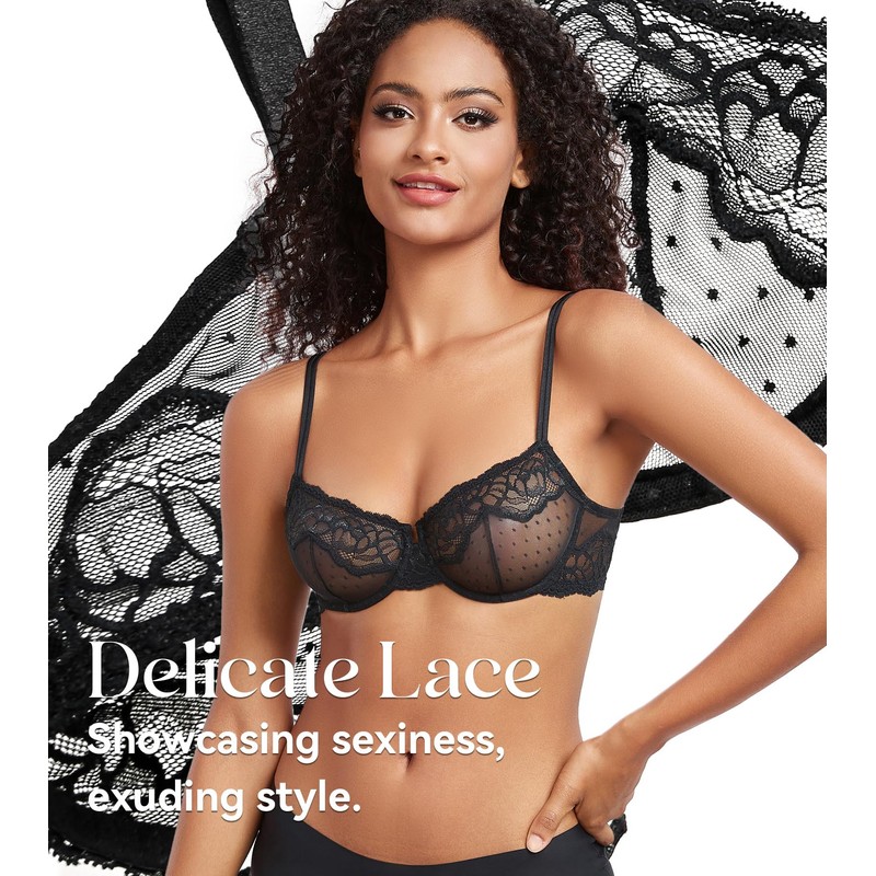 DotVol Women's Large Sizes Transparent Underwired Unlined Balconette Bra Lace