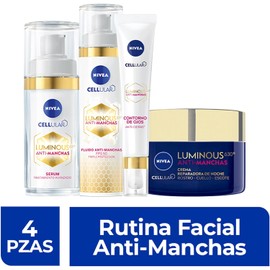 NIVEA Kit Anti manchas Rutina Facial Completa Luminous 630 (4 piezas), Enriquecida con cido Hialurnico Serum facial Fluido facial con Vitamina E y FPS50 Contorno de Ojos Anti ojeras Crema de Noche Reparadora