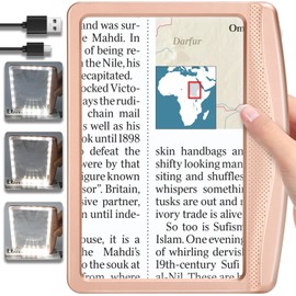 5X Rechargeable Magnifying Glass with Light, Large Bright LED Lighted Full Page Magnifier, Lightweight Rectangular Handheld Magnifier with Light for Reading Small Prints for Seniors, Rose Gold