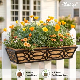 cheehigo 4 Pack 30 Inch Window Boxes Planters with Coco Liner, Large Metal Railing Planter Boxes for Deck, Heavy Duty Hanging Trough for Fence and Front Porch Garden Flower Display