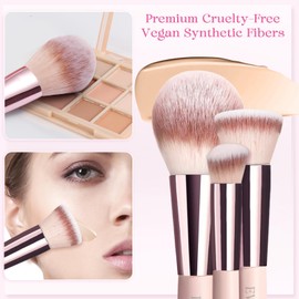 EVRCHGIEA Set de 15 Brochas de Maquillaje de Viaje para Base, Polvos, Correctores Y Sombras de Ojos. Incluye 12 Borlas, Esponjas Y Bolsa (rosa)