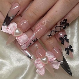 Long Almond Press on Nails French Tip Fake Nails with 3D Bow Heart Star Designs 24 Pcs Natural Reusable Acrylic Nail Full Cover Stick on Nail for Y2K Style Women No Glue WYFHDT