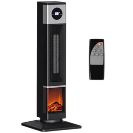 HOMCOM Space Heater for Indoor Use with Realistic Flame Effect, 1400W Oscillating Ceramic Portable Electric Heater with Adjustable Thermostat, Fast Heating, 12H Timer, 3 Heat Modes, Remote, Black