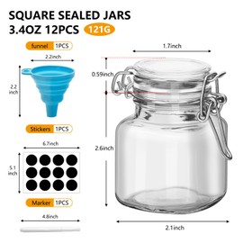 eispap 12Pcs 3.4oz Small Airtight Glass Spice Jars with Lids & Clip Top, Small Glass Mason Jars Square Bottles, Herb Jars, Mason, Seasoning Containers (12)