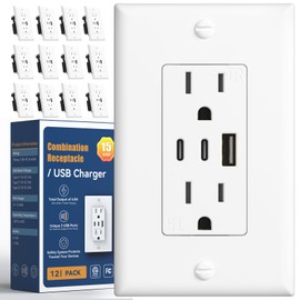 Amico 6.0A USB Outlet 12 Pack, 3-Port 30W Wall Outlets with 2 Type C & 1 Type A, 15 Amp Receptacle Plug, Tamper Resistant Receptacle, Wall Plate Included, ETL Listed, White