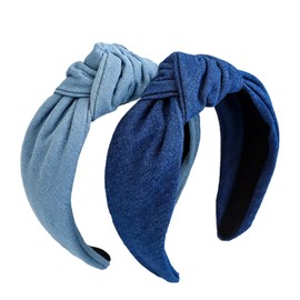 2Pcs Vintage Denim Knot Headbands Non-Slip Wide Elastic Hairbands Cross Knotted Head Wear Hair Accessories(Dark Blue + Light Blue)