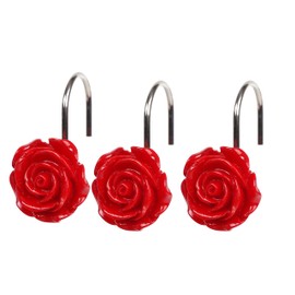 Twofish Home Red Rose Flower Shower Curtain Hooks Anti Rust Shower Curtain Hooks Decorative Resin Red Rose Flower Shower Curtain Rings Set of 12