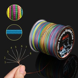 RUNCL Braided Fishing Line, 8 Strand Abrasion Resistant Braided Lines, Zero Stretch, Smaller Diameter, Rainbow Color for Extra Visibility, 328-1093 Yds, 12-128LB