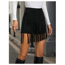 GORGLITTER Women's High Waisted Fringed Hem Skorts A Line Flared Mini Skirts Cowgirl Outfits Black Large