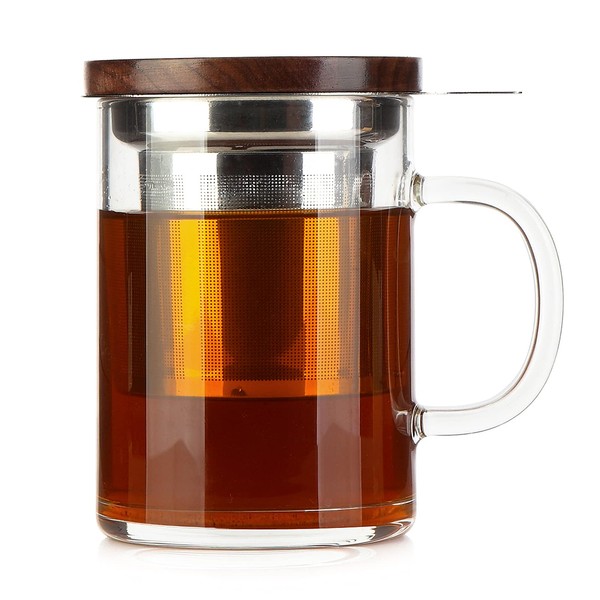 Taza de té de vidrio, taza de té COMI con infusor tapa de nogal y asa, tazas de té de vidrio con boca ancha extragrande, taza infusora de té de acero inoxidable para té de hojas sueltas (14 onzas/400 ml)
