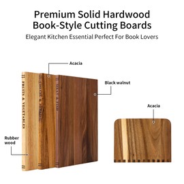 Yatriunfo Book Cutting Board Set of 3 with Stand - The Cutting Board Library, Walnut Acacia Rubberwood Charcuterie Boards, Decorative Kitchen Gift Set