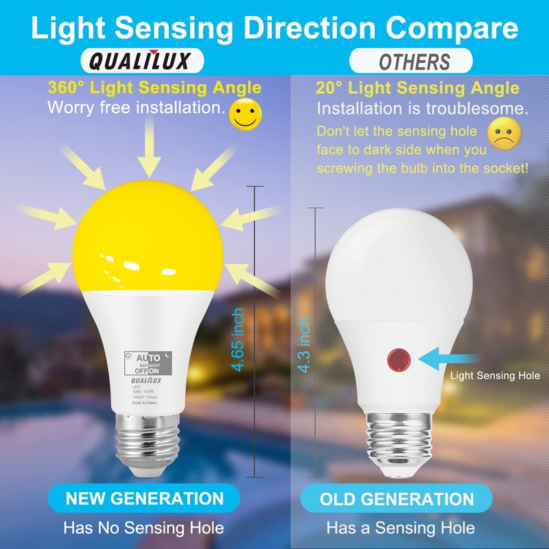 Qualilux Dusk to Dawn Bug Light Bulbs Outdoor, 1900K Amber
