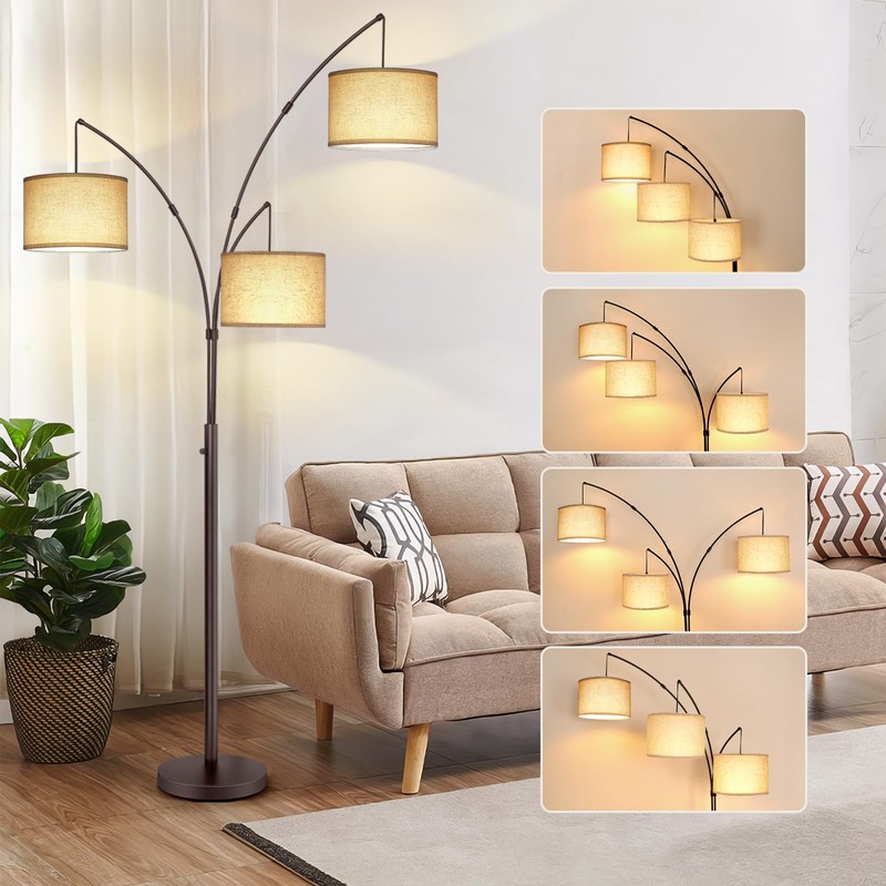OUTON Tall Arc Floor Lamp - Adjustable, Modern, 3-Light Arched